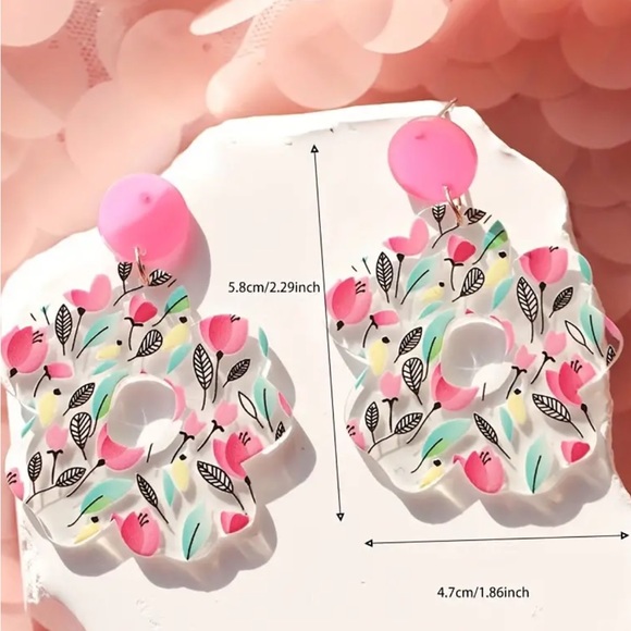 Pink Floral Drop Acrylic Earrings - Picture 2 of 2